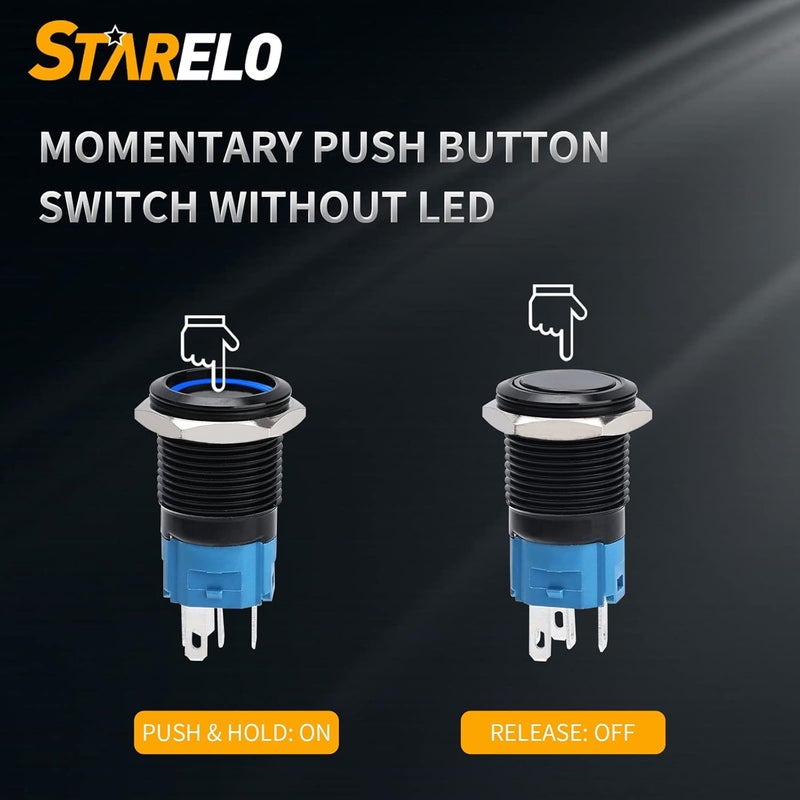 STARELO 5pcs 16mm Momentary led Push Button Switch Black Shell, IP65 Waterproof Push Button Switch,1NO 1 NC with Wire Socket Plug,Self-resetting with LED(Blue). - Image 3